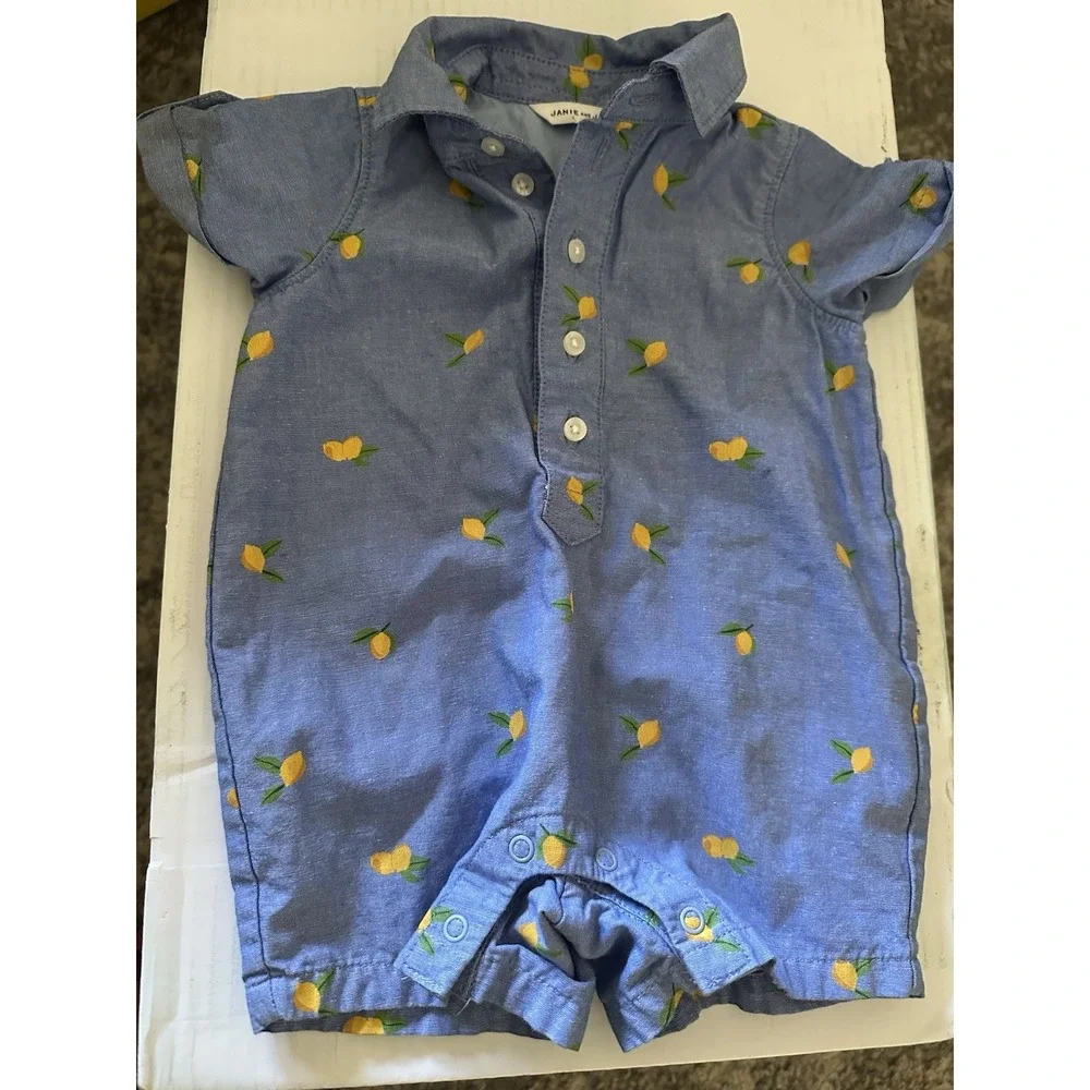 Janie and Jack Size 0-3 Girls Denim Short Sleeve Romper Lemons
